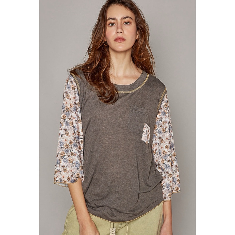 POL Charcoal Slub Knit Floral Sleeve Top - Picture 6 of 8